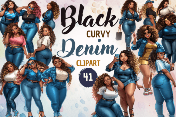 Curvy Black Denim Girls Clipart: 41 PNGs for Bold Design