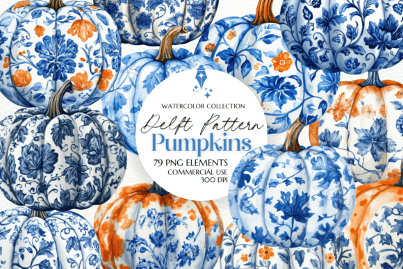 Delft Pattern Pumpkin Clipart: A Floral Twist on Autumn