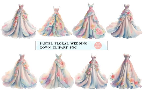 Elegant Watercolor: Pastel Floral Wedding Gown Clipart PNG
