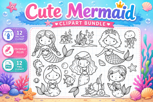 Enchanting Underwater Graphics: The Cute Mermaid Clipart Bundle