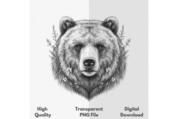 Grizzly Bear Face Wildflowers Leaves PNG: A Design Asset