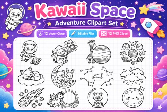Unleashing Cosmic Cuteness: The Kawaii Space Adventure Clipart Set